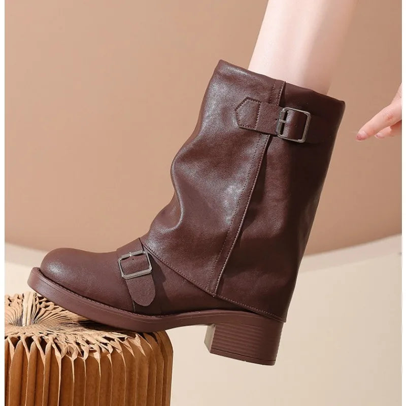 Women's Slip-On Mid-Calf Boots – Retro Block Heel PU Leather Mid-Calf Boots Axl 37 Brown
