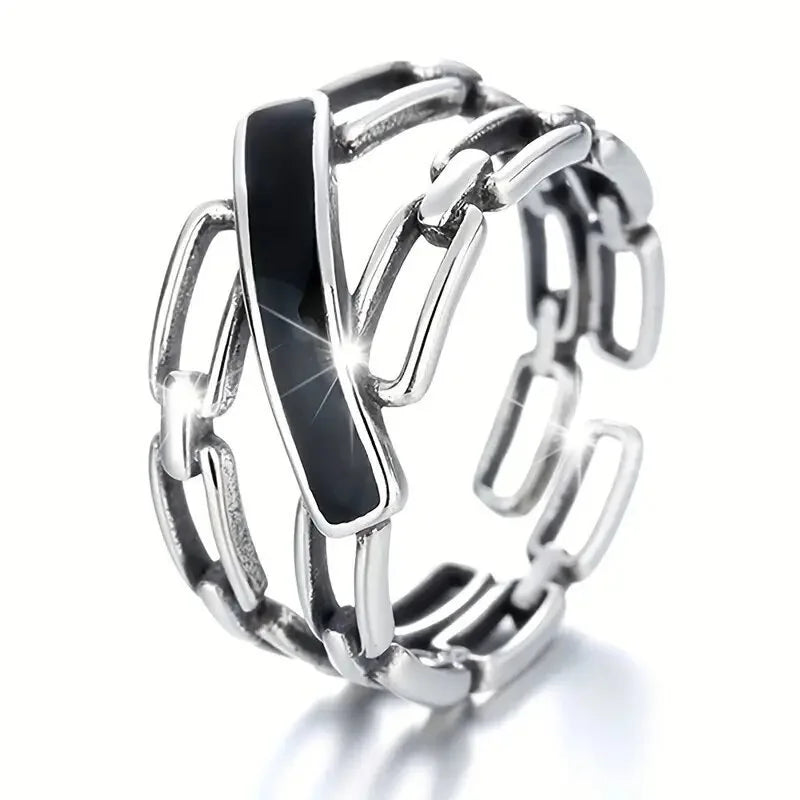 Huitan Black Enamel Chain Link Ring | Vintage Geometric Women Fashion Ring Axl