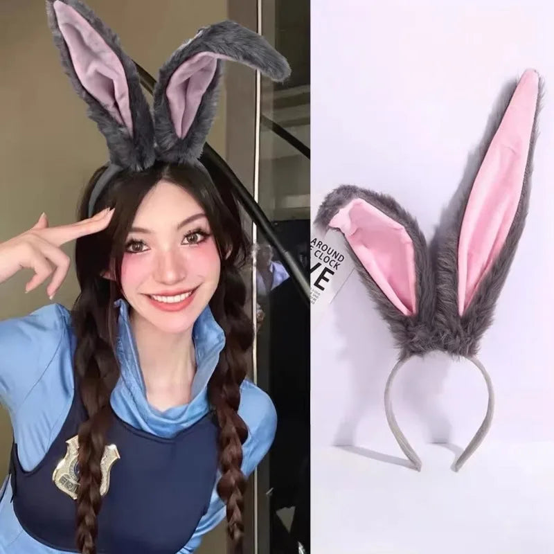 Plush Rabbit Ear Headband Grey & Pink – Cosplay Hair Hoop Costume Hair Accessory Axl