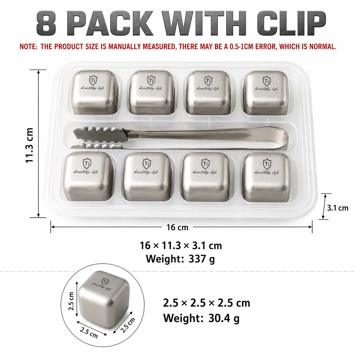 Titanium Stainless Steel Reusable Ice Cubes Set with Tongs Whiskey Stones Set Axl 8 Pack with Clip