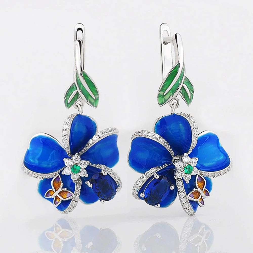 Huitan Blue Flower CZ Drop Earrings – Bridal Wedding Jewelry Drop Earrings Axl E1969