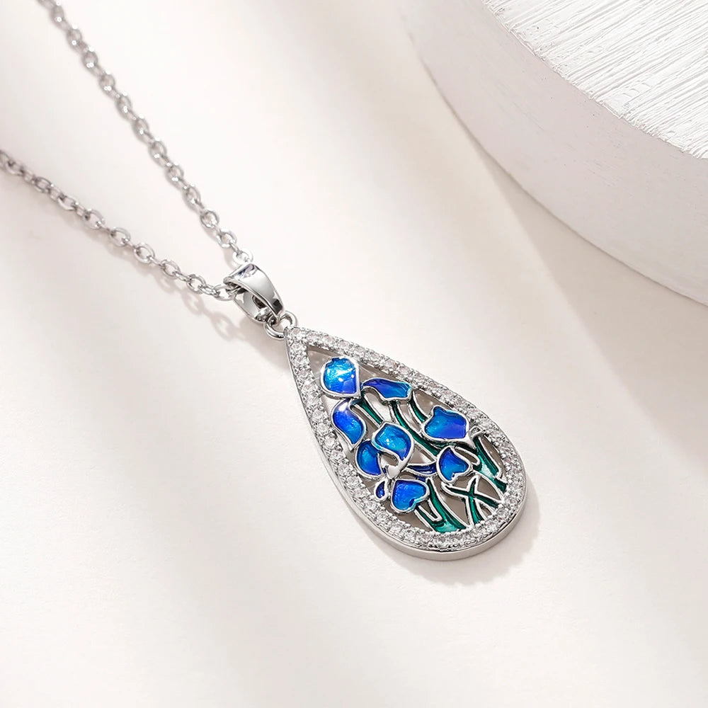 Huitan Blue Flower Enamel Pendant Necklace – Silver Chain Pendant Necklace Axl