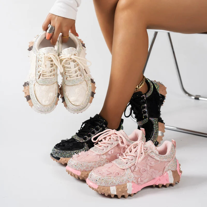 Women's Rhinestone Sneakers – Thick Sole Casual Sport Shoes Women's Fashion Sneakers Axl