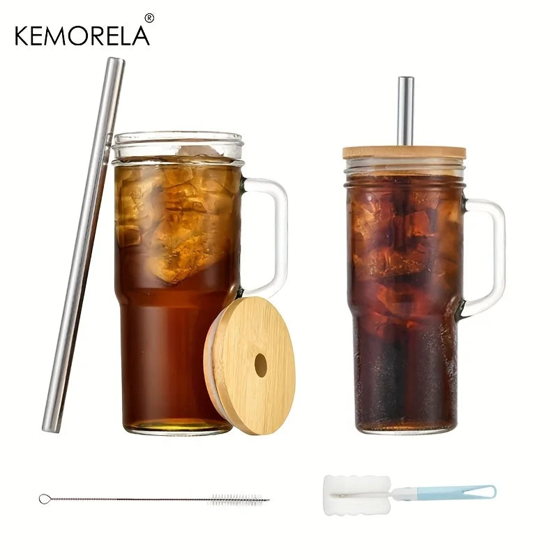 KEMORELA 700ml Glass Cup with Wooden Lid & Straw | Set of 1/2/4 Glass Cup Set Axl 2pcs 301-400ml