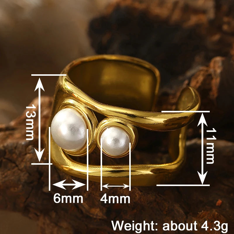 Huitan Gold Double Layer Imitation Pearl Statement Ring for Women Fashion Statement Ring Axl