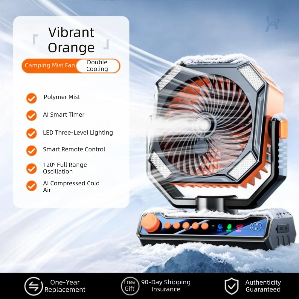 USB Rechargeable Camping Fan with Spray Mist – Quiet & Powerful Portable Camping Fan Axl Orange