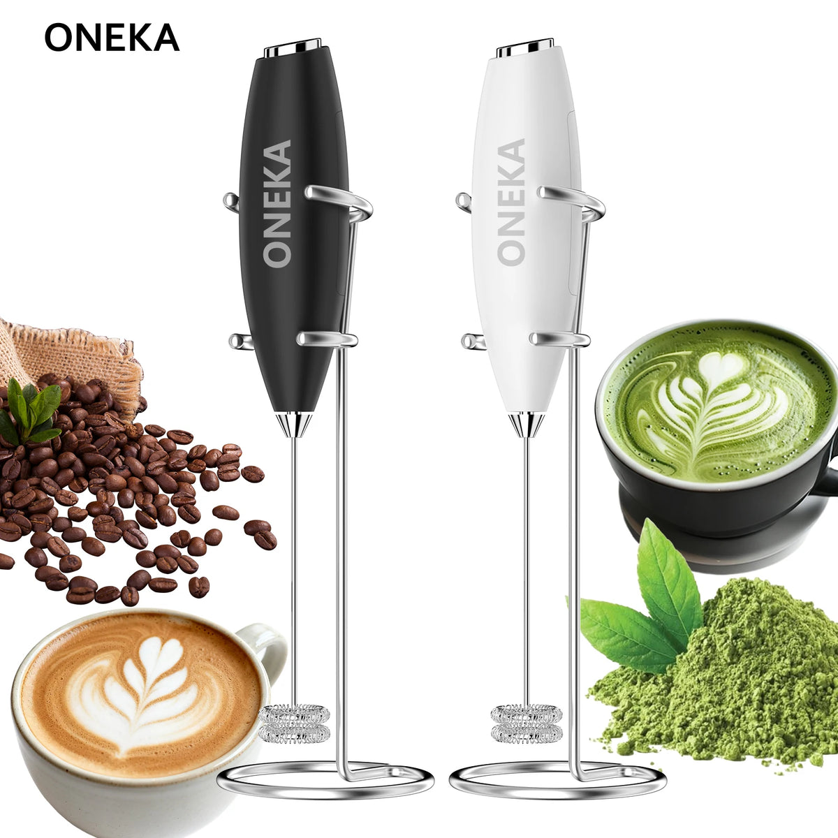 ONEKA Handheld Milk Frother Wand with Stand | Battery Powered Milk Frother Wand Axl