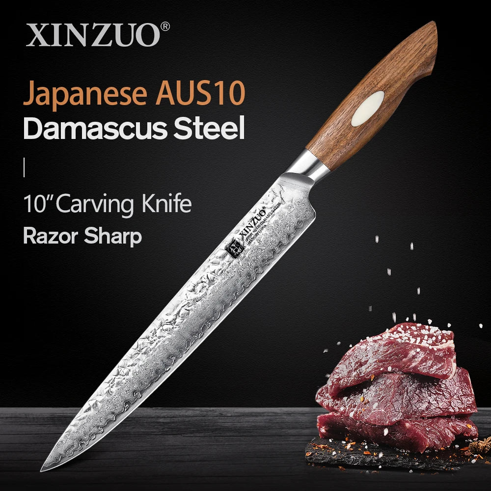 XINZUO 10-Inch Damascus Carving Knife | 67-Layer AUS10 Steel Damascus Carving Knife Axl 10 inch