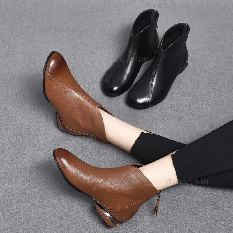 Women's PU Leather Ankle Boots – Low Heel Zip Short Boots Women's Ankle Boots Axl