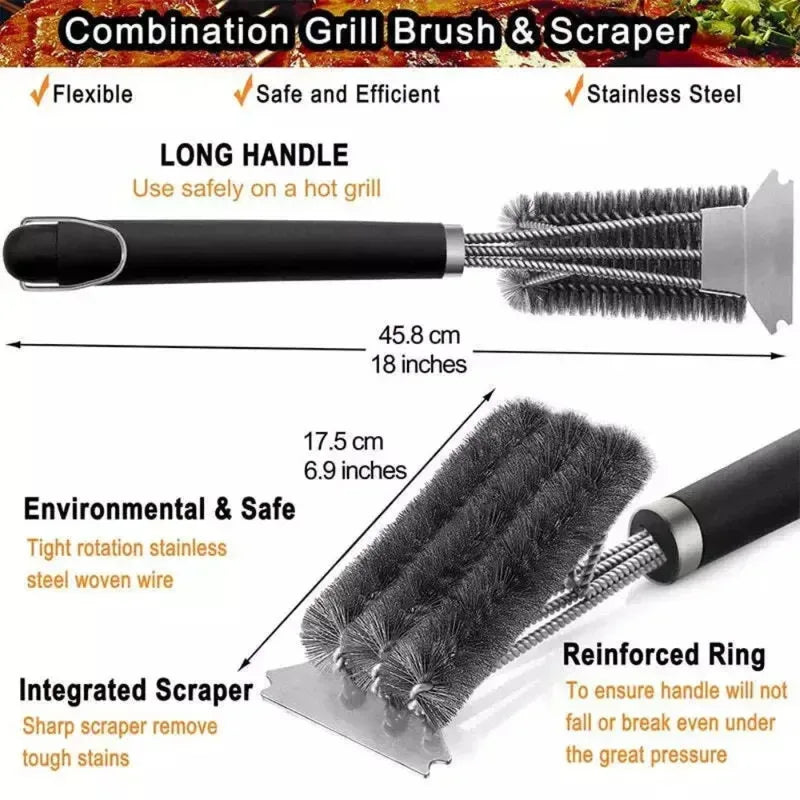 Wire Bristle BBQ Grill Brush & Scraper | Triple Scrubber BBQ Grill Brush Axl