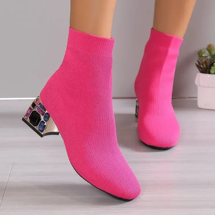 Women's Stretch Sock Ankle Boots – Square Heel & Knit Upper Sock Ankle Boots Axl