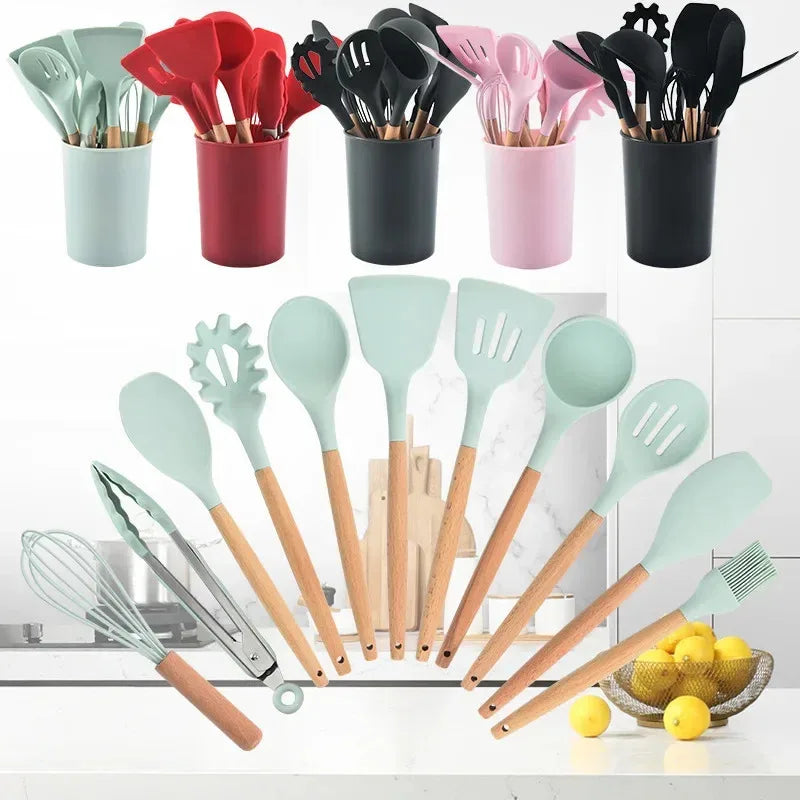 12-Piece Silicone Kitchen Utensil Set – Wooden Handles Silicone Utensil Set Axl