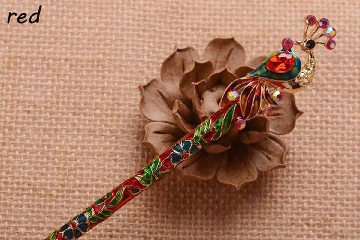 Retro Peacock Enamel Crystal Hair Stick Pin – Chinese Style Hair Stick Pin Axl red