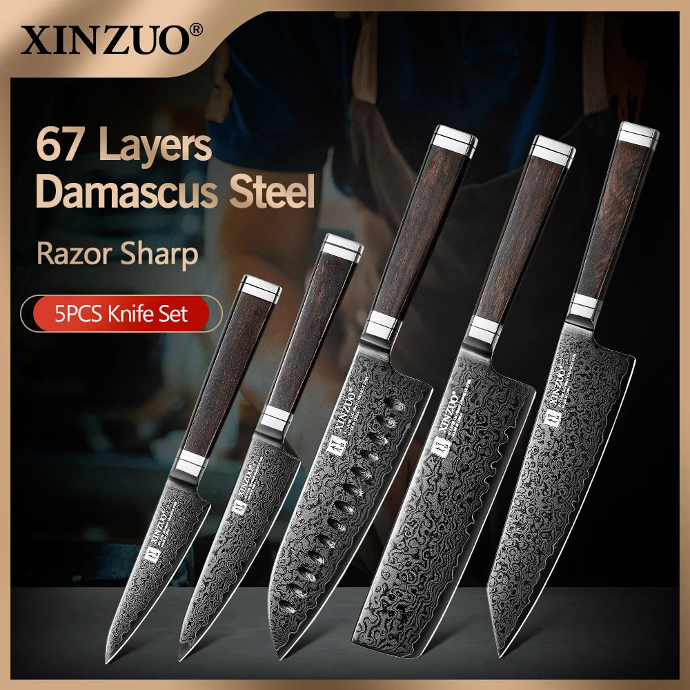 XINZUO 5-Piece Damascus Knife Set | Black Titanium Japanese Damascus Knife Set Axl