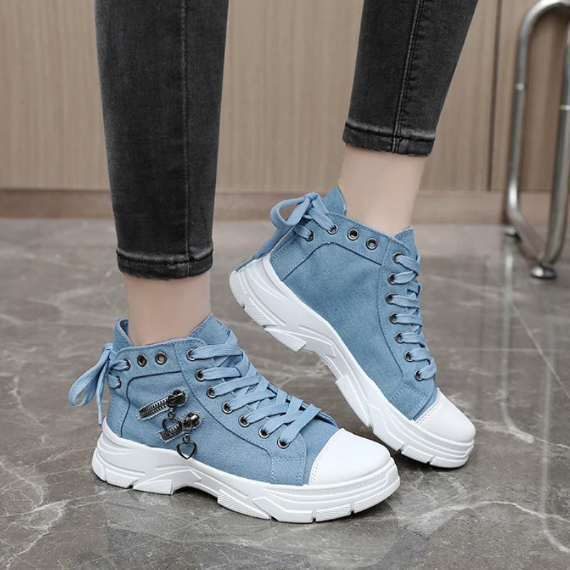Women's High Top Denim Canvas Platform Sneakers – Lace Up Platform Canvas Sneaker Axl
