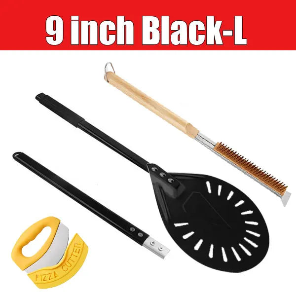 3-Pc Pizza Peel Set – Long Handle, Oven Brush & Wheel Cutter Pizza Peel Set Axl 9 inch Black Set-L
