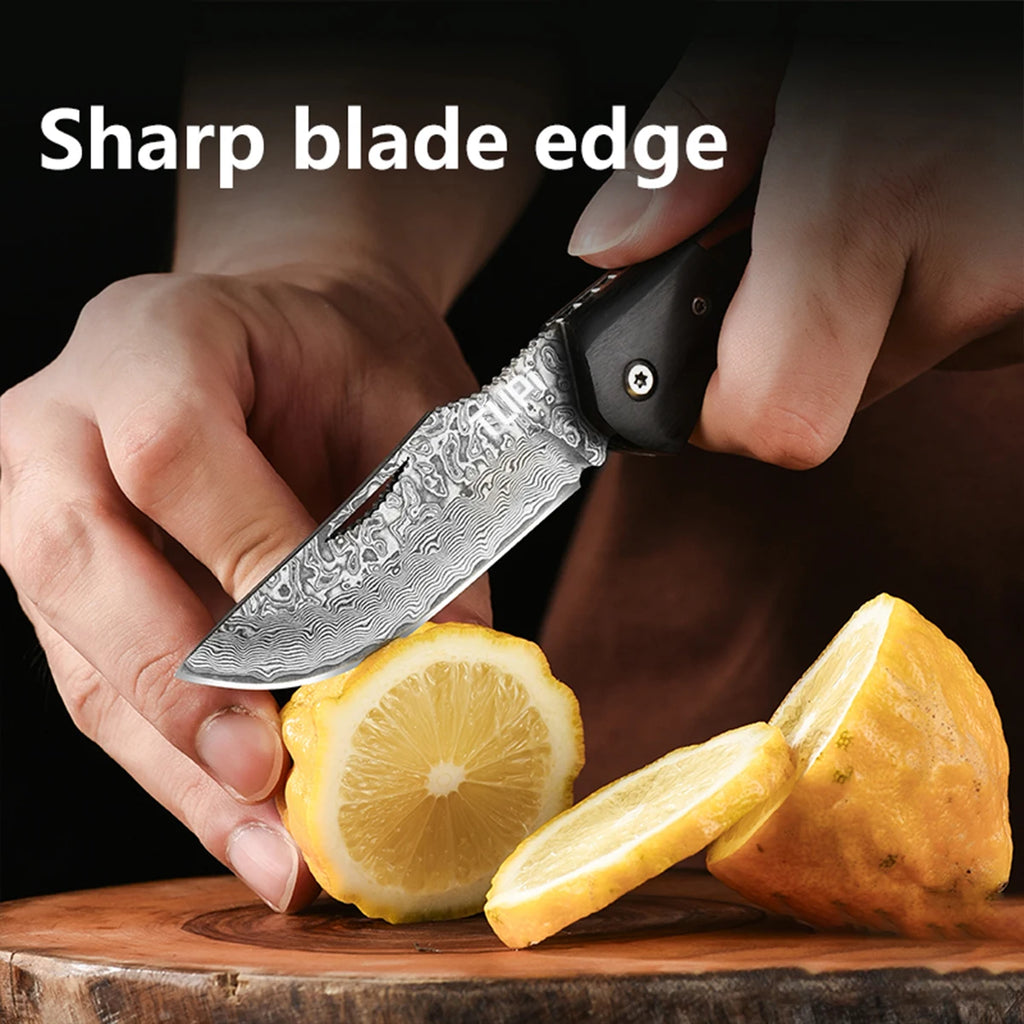 Damascus Steel Folding Pocket Knife | Wave Grain Wood Handle EDC Folding Pocket Knife Axl