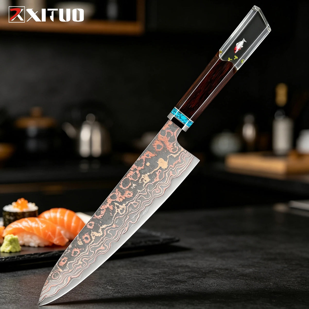 XITUO Damascus Steel Chef Knife Set – Octagonal Wood Handle Kitchen Knife Set Axl Santoku Knife