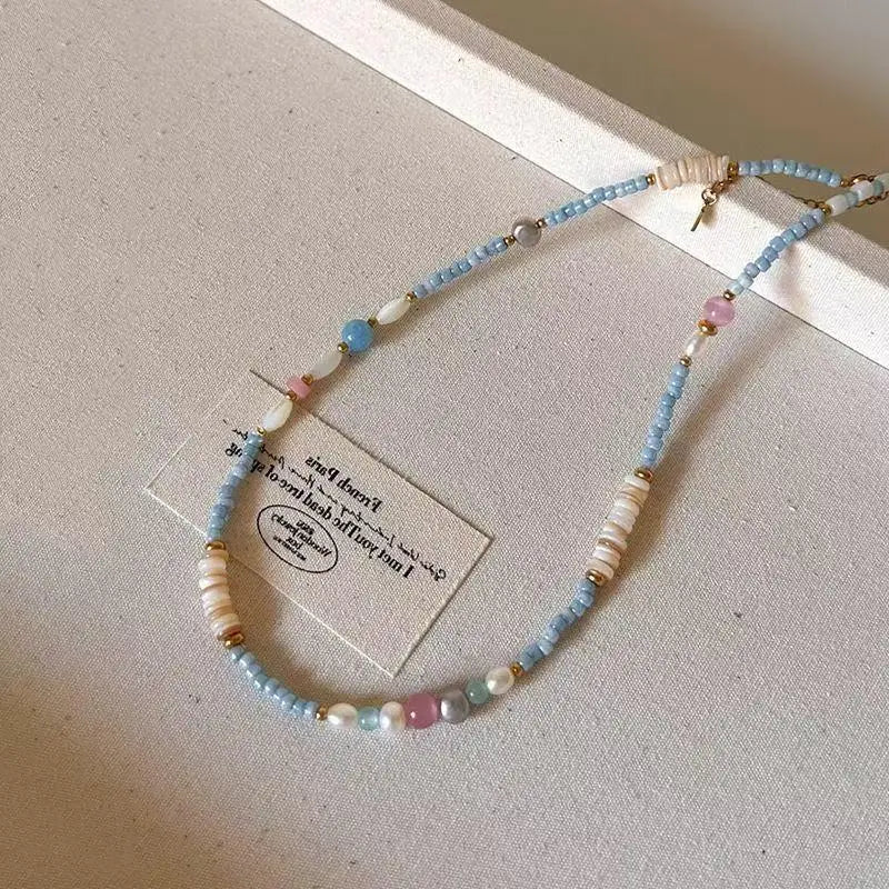 Handmade Beaded Collar Necklace – Natural Stone & Pearl Jewelry Beaded Collar Necklace Axl A1