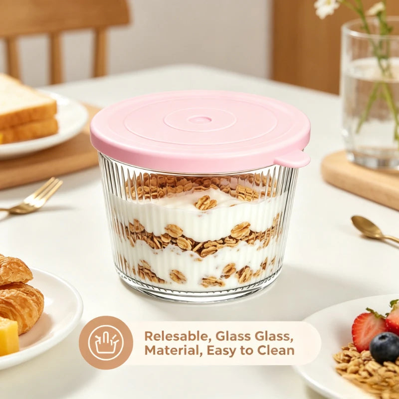 Small Glass Bowls with Lids – Stackable Clear Stripe Containers Glass Storage Bowl Axl 1PCS Pink