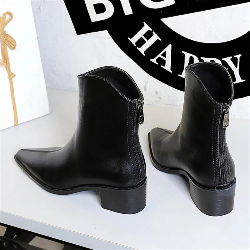 Women's Pointed Toe Ankle Boots – Square Heel Zipper Street Style Ankle Boots Axl