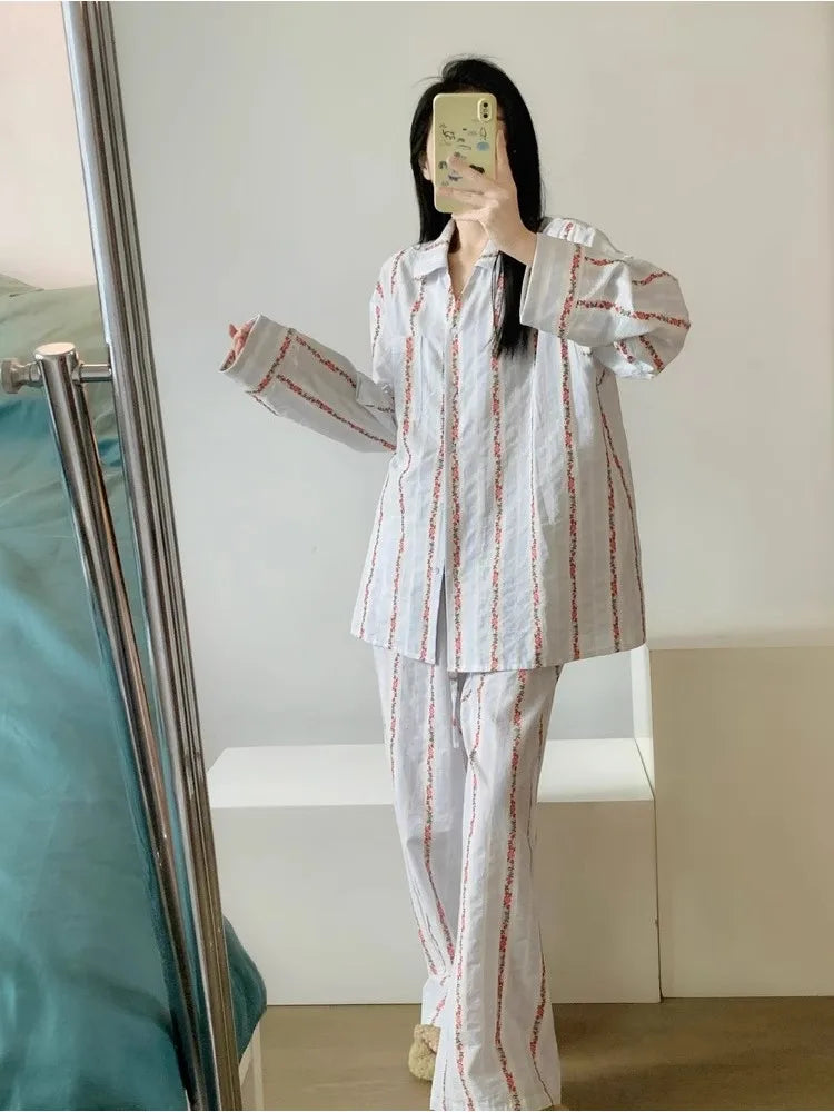 Women's Floral Striped Pajama Set – Soft Lapel Lounge Wear Women's Pajama Set Axl