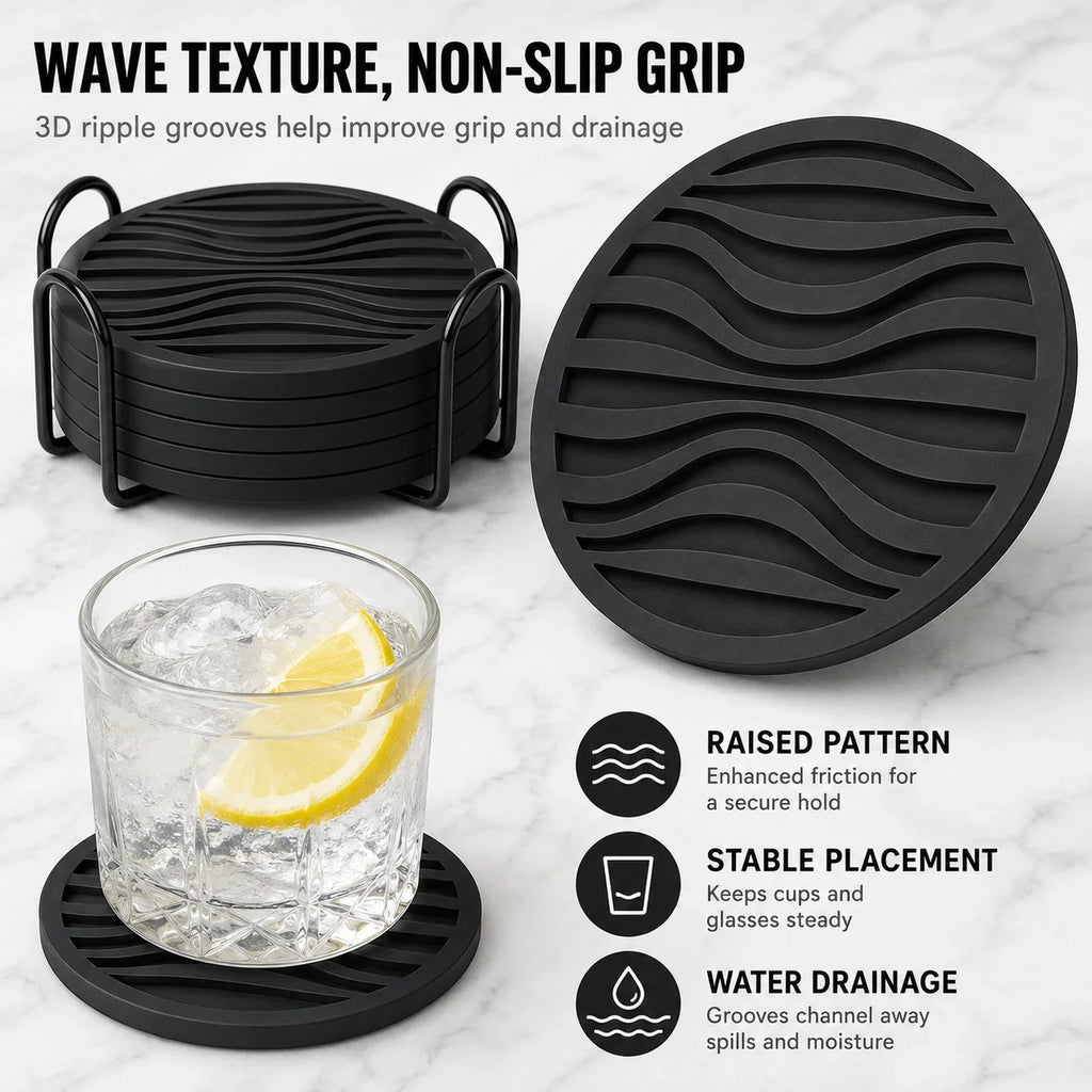 6-Pack Silicone Drink Coasters with Holder | Non-Slip, Heat Resistant Silicone Coaster Set Axl