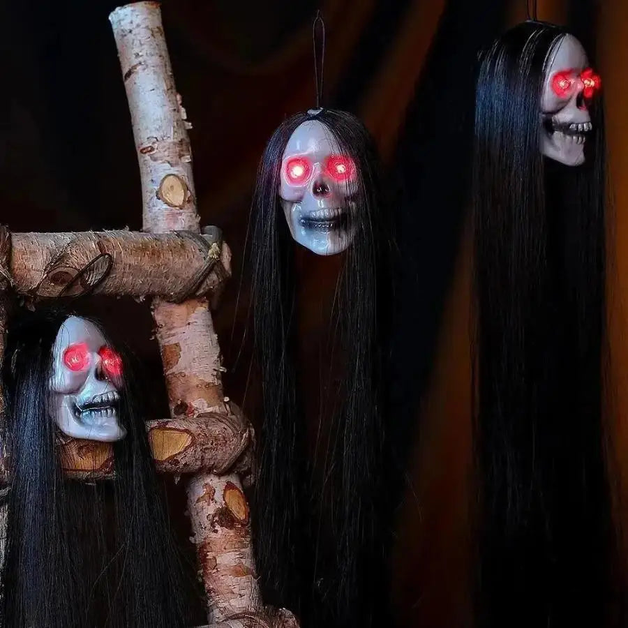Skeleton Ghost Head Hanging Ornament | Flashing Red Eyes Halloween Decoration Axl