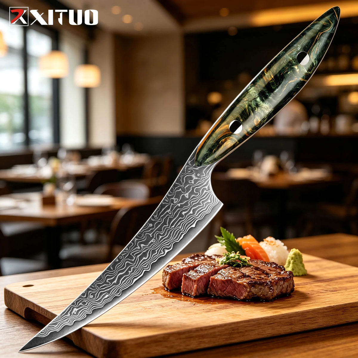 XITUO Damascus Steel Steak Knife Set – Non-Serrated Full Tang Steak Knife Set Axl 1PCS Steak Knife