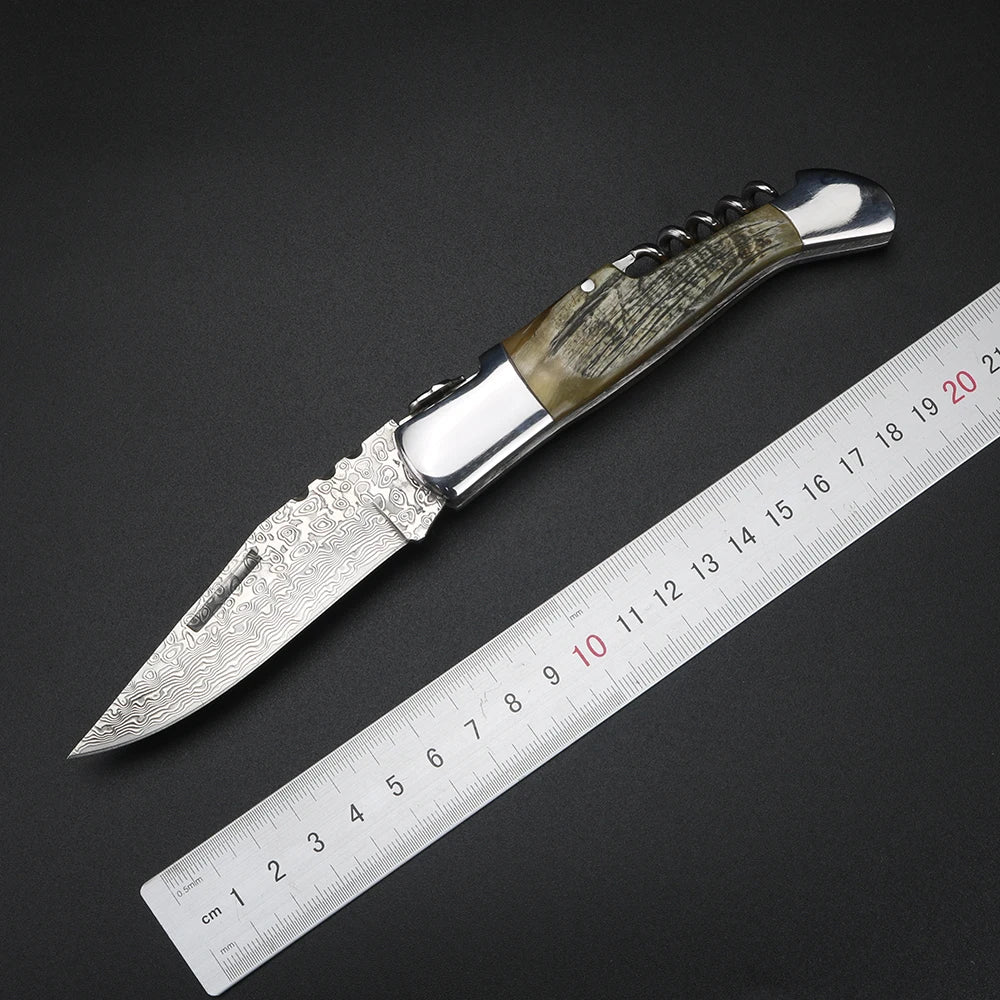 Damascus Steel Folding Knife – Sheep Horn Handle | XUAN FENG Damascus Folding Knife Axl