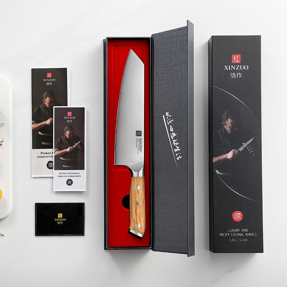 XINZUO 8.27" Bunka Chef Knife – German Steel & Olive Wood Chef Knife Axl