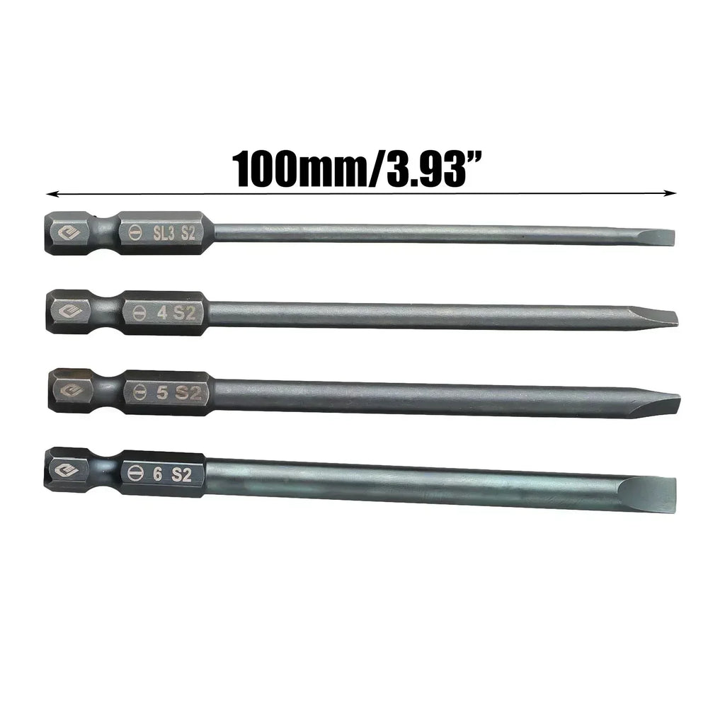 100mm Magnetic Slotted Screwdriver Bit 1/4" Hex – SL3 to SL6 Screwdriver Bit Axl