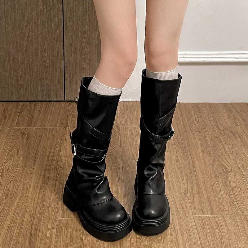 Women's Knee-High Knight Boots – Vintage Block Heel Slip-On Knee-High Boots Axl
