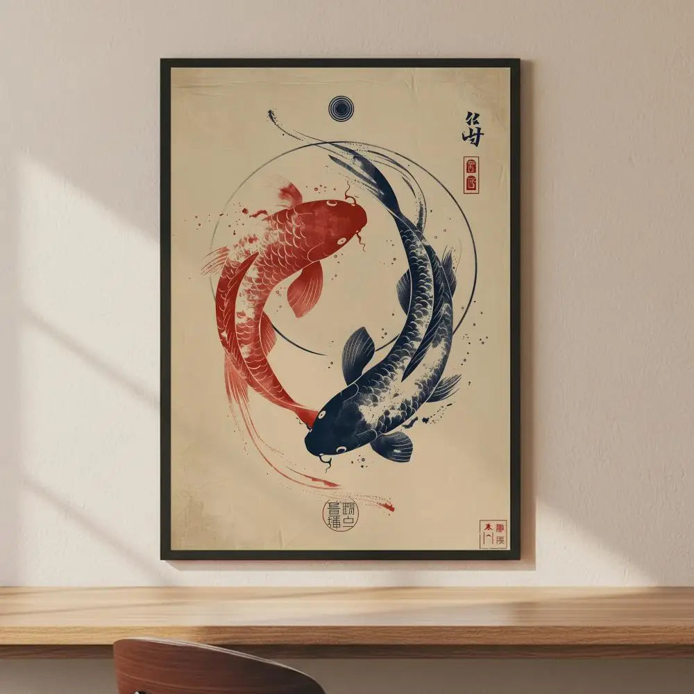 Japanese Koi Fish Flowers HD Art Poster – Self-Adhesive Wall Decor Art Wall Poster Axl White12 40X50cmNoframe