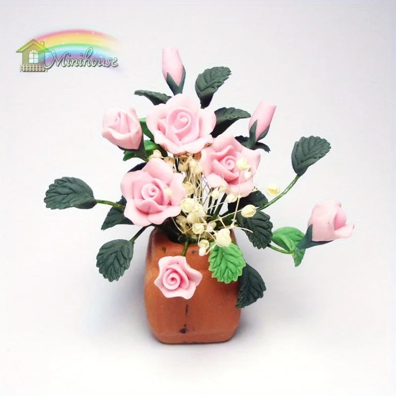 1/12 Scale Mini Clay Rose Potted Plant | Dollhouse Miniature Dollhouse Miniature Axl Pink