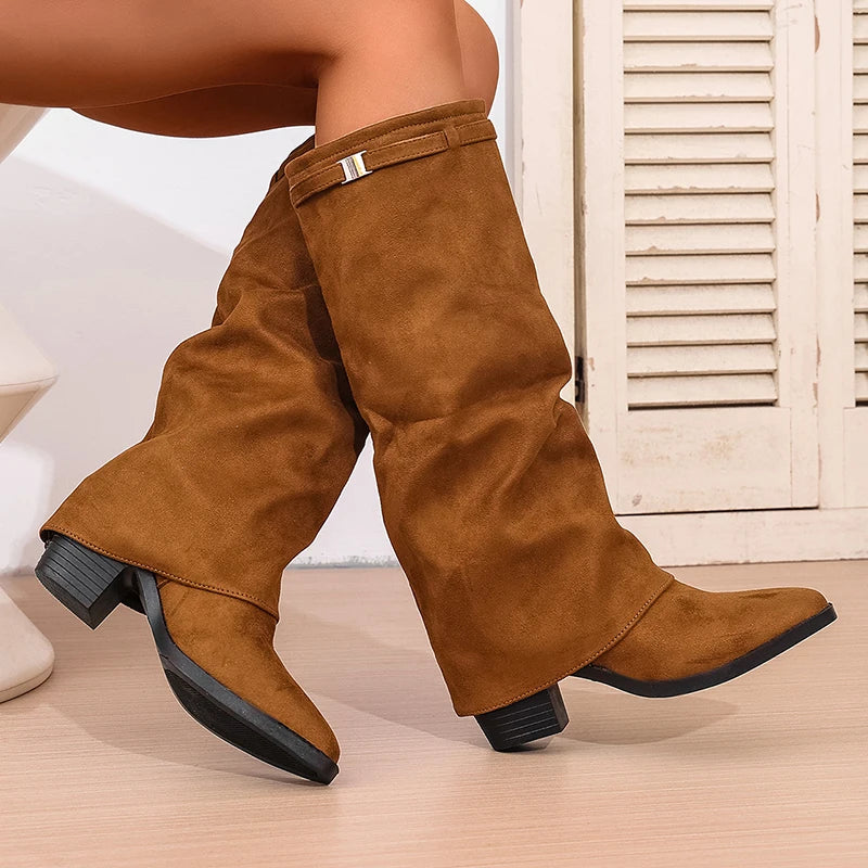 Women's Slip-On Knee High Boots – Pointed Toe Block Heel Knee High Boots Axl