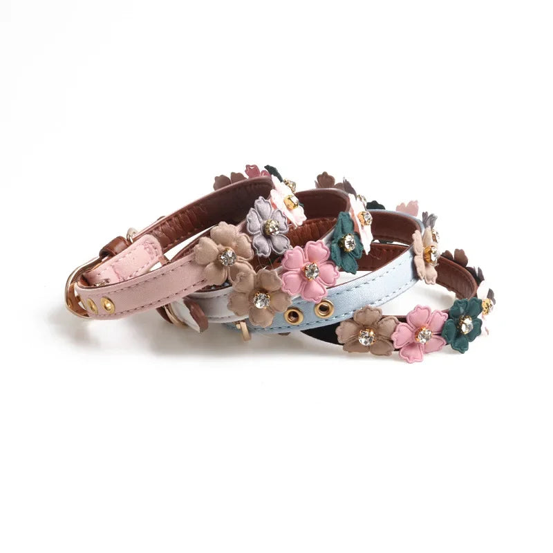 Rhinestone Flower Dog Cat Collar – Adjustable PU Leather Chain Pet Collar Axl