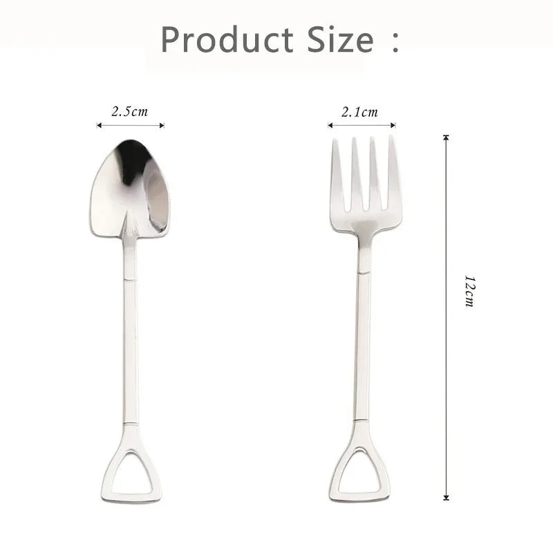 Shovel Shape Stainless Steel Dessert Spoon & Fruit Fork Novelty Flatware Axl