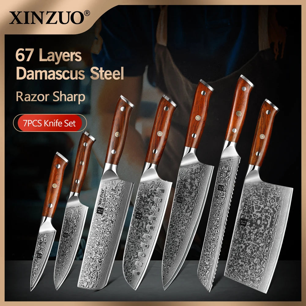 XINZUO 7-Pc VG10 Damascus Steel Knife Set | Rosewood Handle Damascus Knife Set Axl China Mainland