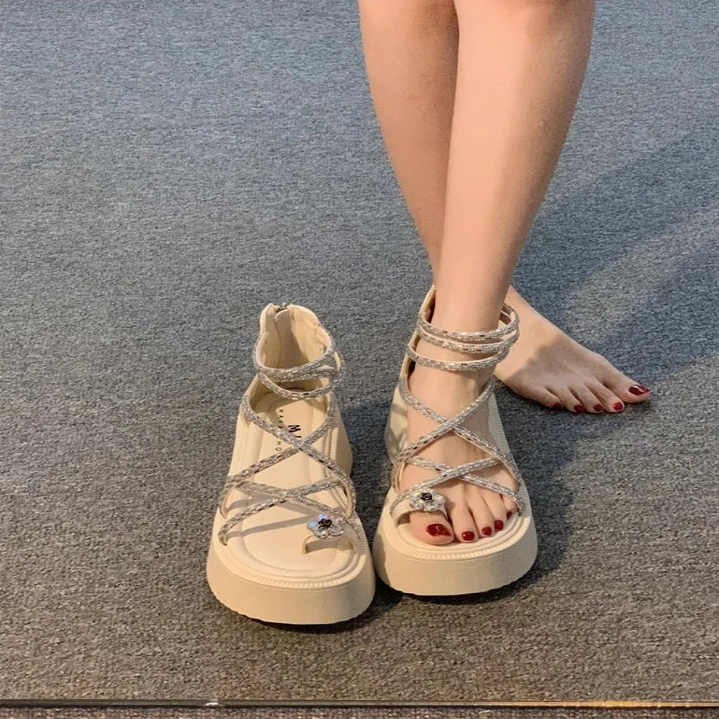 Women's Roma Wedge Platform Sandals – Rhinestone Flower Heels Platform Wedge Sandals Axl