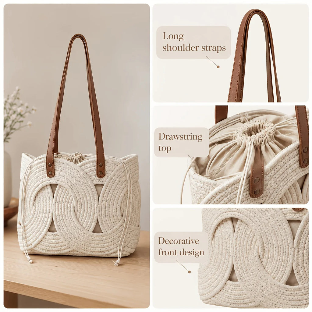 Woven Drawstring Shoulder Bag – Women's Vintage Tote Underarm Bag Woven Shoulder Tote Axl