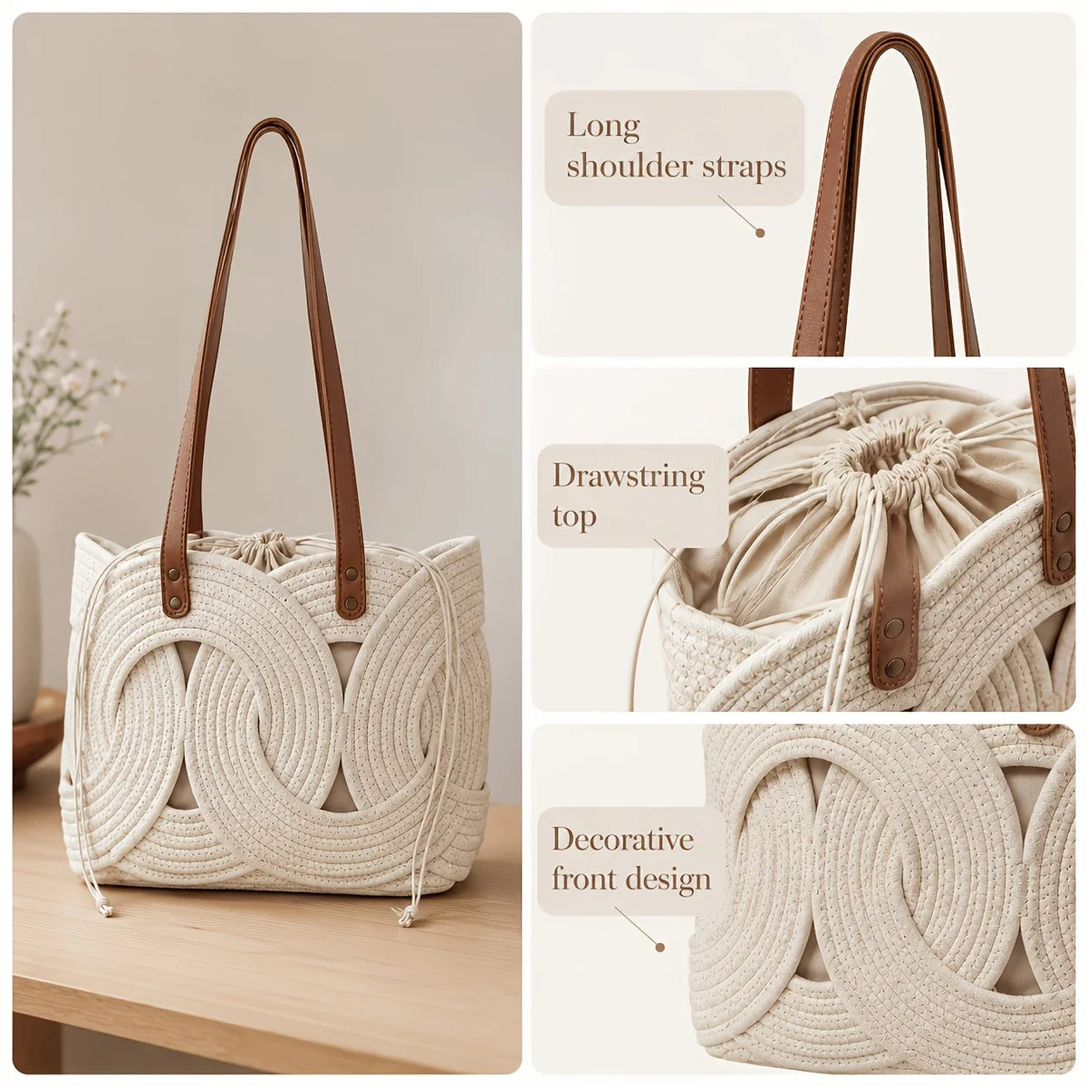 Woven Drawstring Shoulder Bag – Women's Vintage Tote Underarm Bag Woven Shoulder Tote Axl