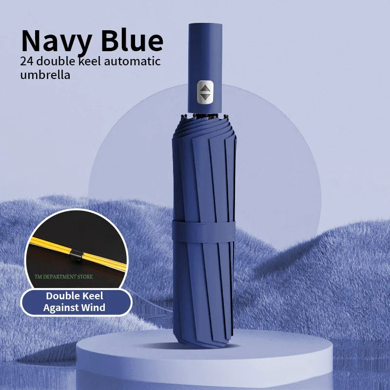 Windproof Auto 3-Fold Umbrella – 24 Rib Double Canopy UPF UV Travel Umbrella Axl 24 Ribs navy blue 24K Iron