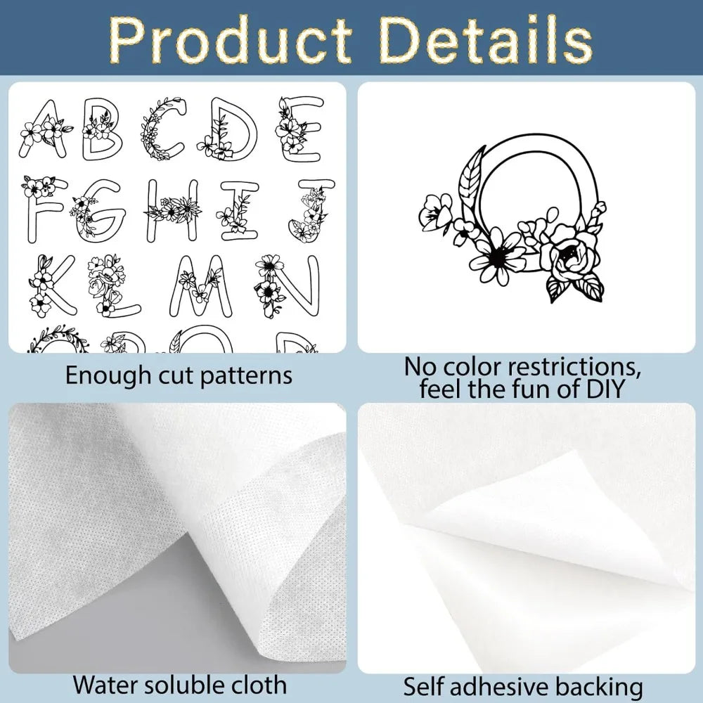 A–Z Stick & Stitch Embroidery Patterns – 4 Sheets 104 Pcs Embroidery Transfer Sheets Axl