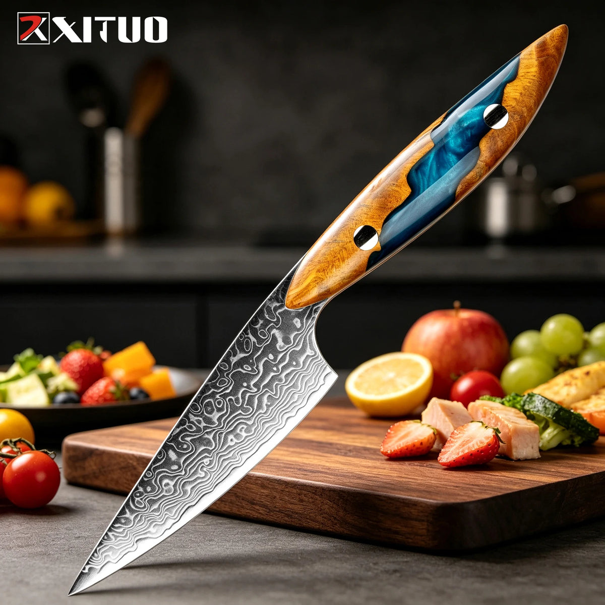 XITUO 3.5" Damascus Paring Knife – Japanese Steel Fruit Carving Damascus Paring Knife Axl Resin Wood Handle