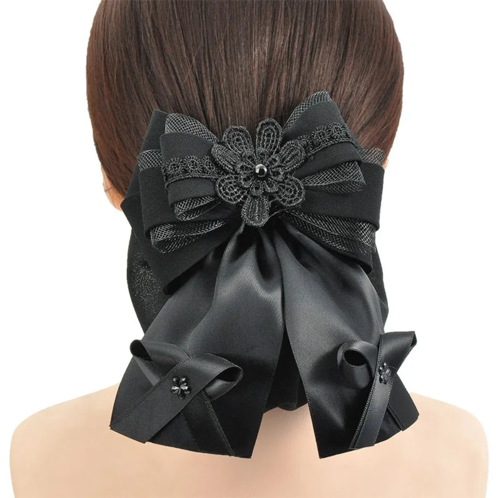 Women's Hair Bun Net with Bowknot – Elegant Elastic Headwear Hair Bun Net Axl Black--B