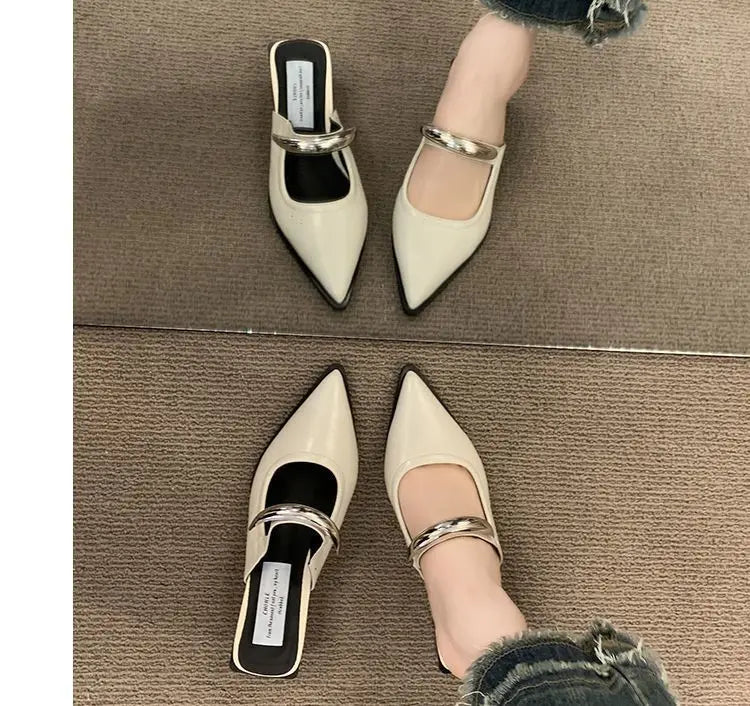 Women's Closed Toe Mule Slippers | Metal Detail Square Heel Slides Women's Mule Slippers Axl