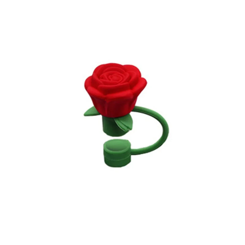 Rose Flower Silicone Straw Cover Cap – 10mm BPA-Free Topper Straw Cover Cap Axl Red