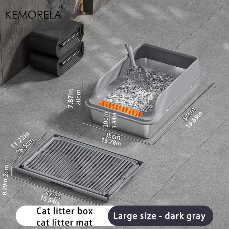 KEMORELA XL Stainless Steel Cat Litter Box with Anti-Splash Mat Cat Litter Box Axl Dark gray 50cm