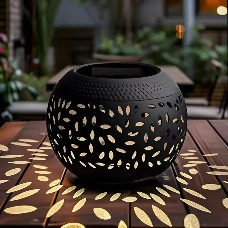 Solar LED Decorative Lantern – Hollowed Metal Outdoor Table Light Solar Garden Lantern Axl Black